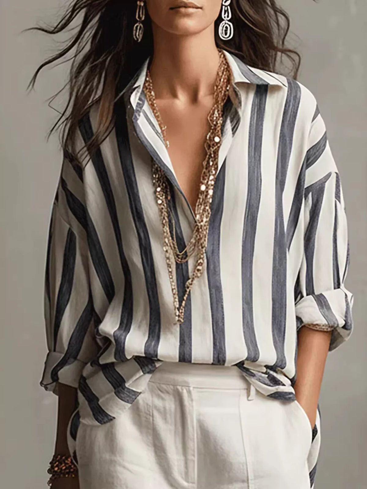 Oversized Striped Long Sleeve Shirt, front view