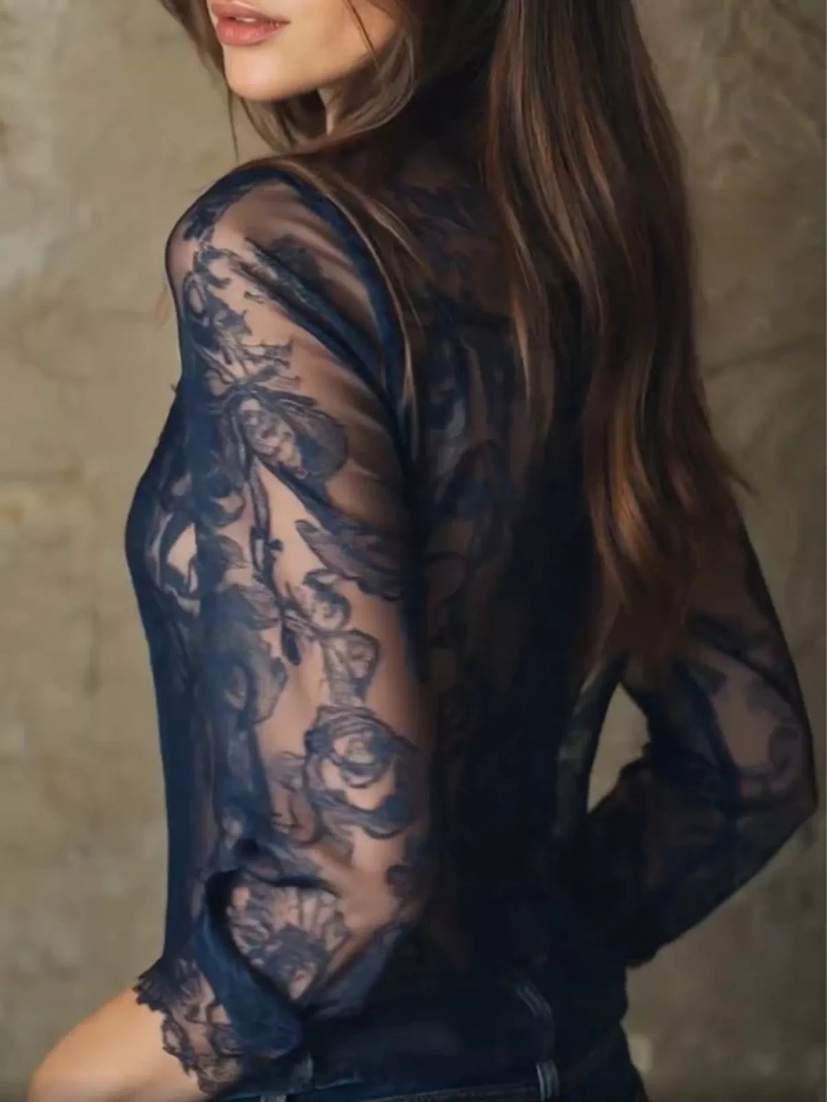 Women's sheer lace long-sleeve shirt, plus size