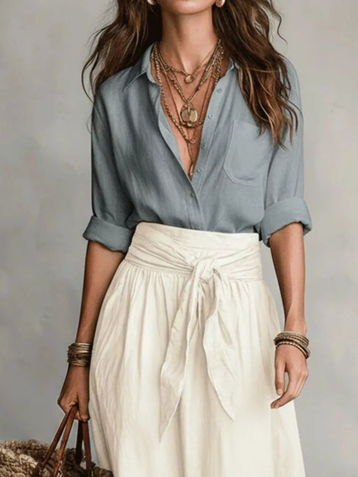 Blue and cream button-front shirt and skirt set, shirt and waist tie detail