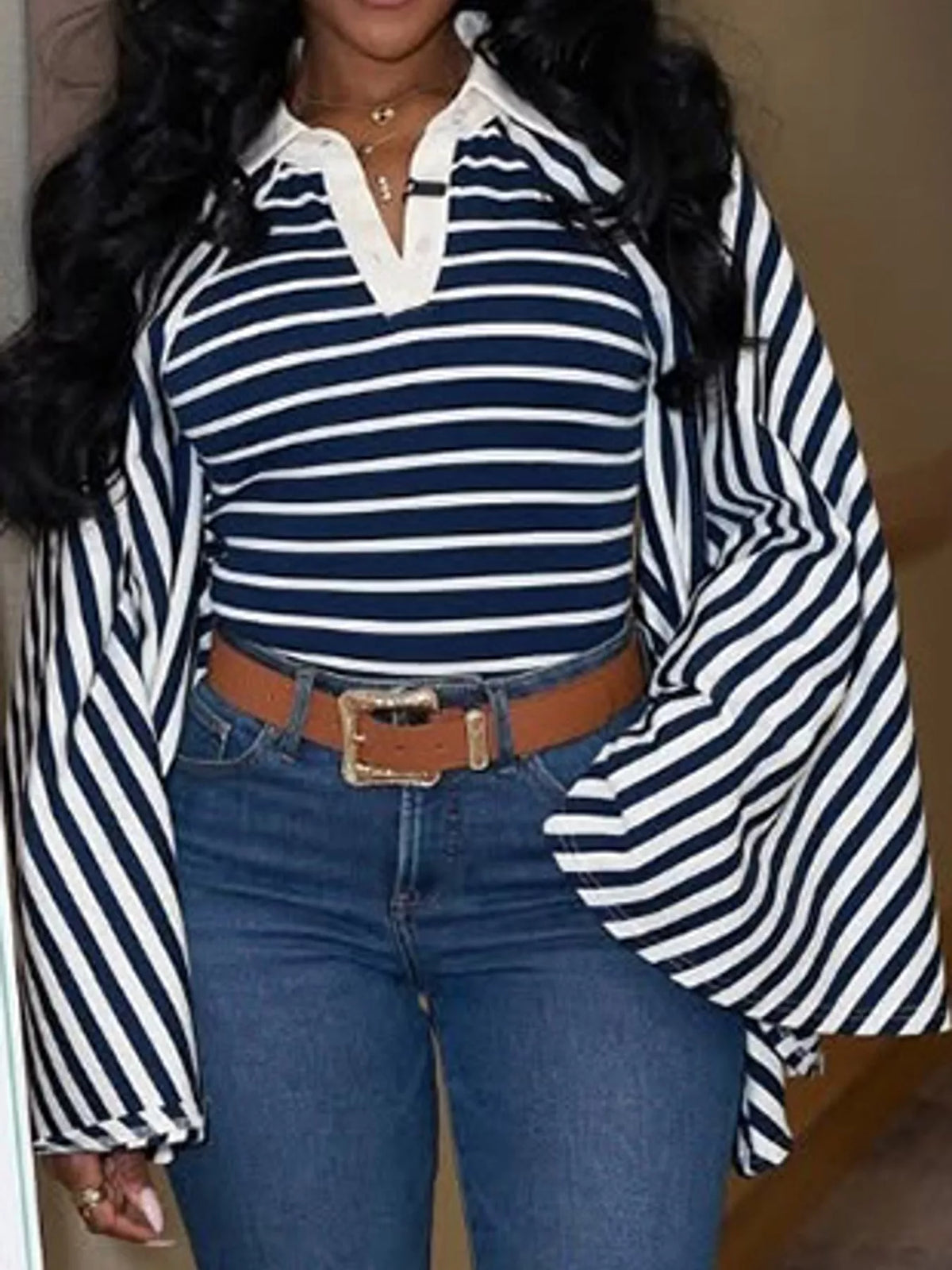 Collared long sleeve top, front view on model
