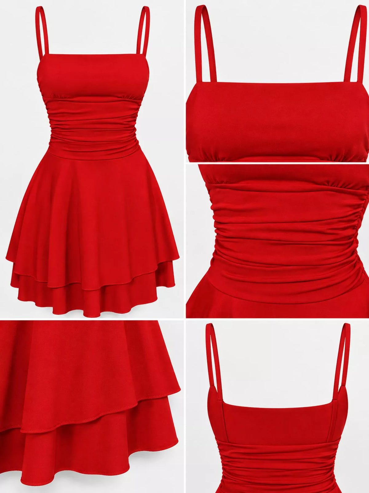 Red ruched spaghetti strap layered mini dress, front, back and detail collage