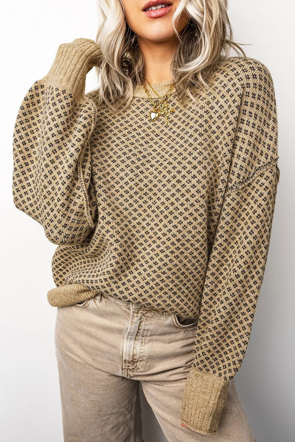 Trendsi Geometric Print Drop Shoulder Round Neck Long Sleeve Sweater -