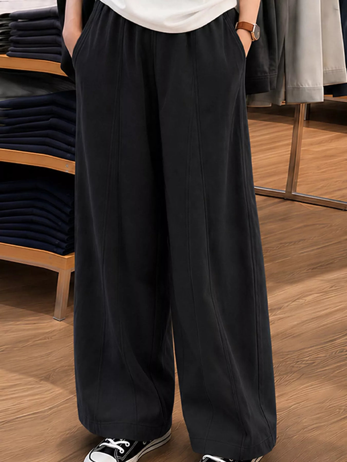 Black wide leg casual pants, front view