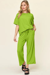 Trendsi Double Take Full Size Texture Round Neck Short Sleeve T-Shirt and Wide Leg Pants -