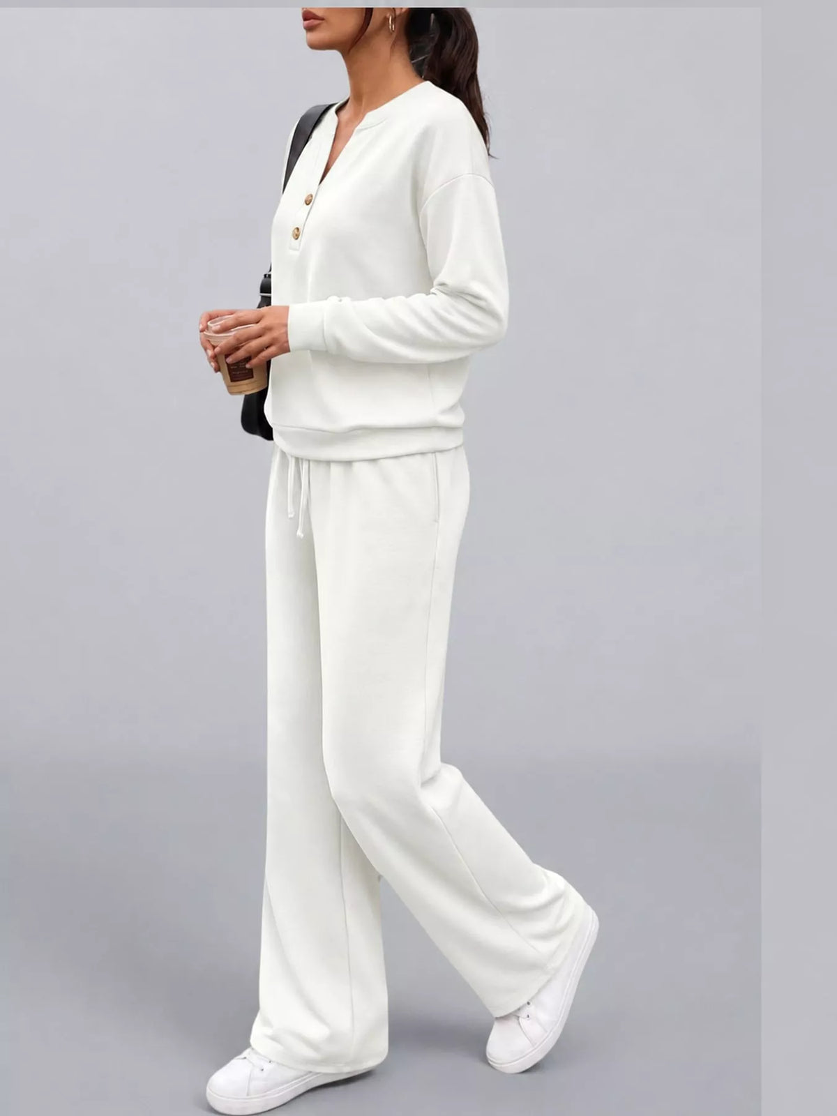 White button detail top and wide-leg pants set — side view