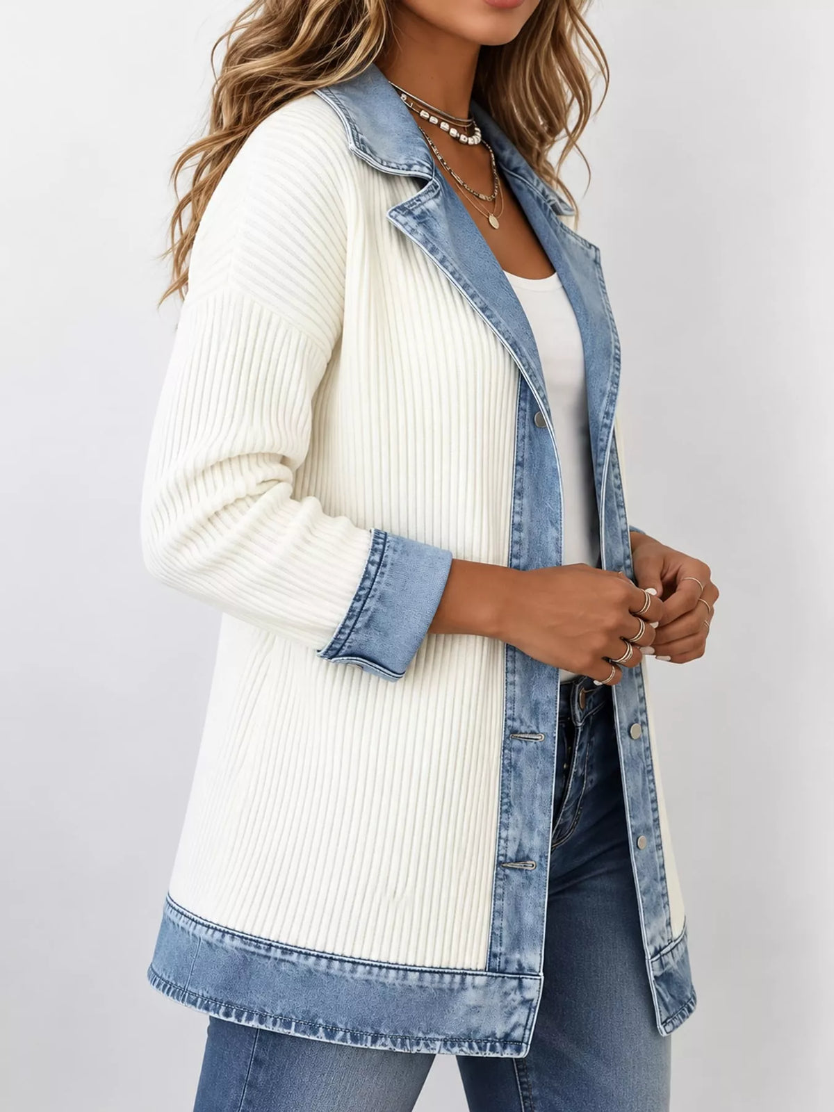 White denim trim ribbed knit cardigan, side view