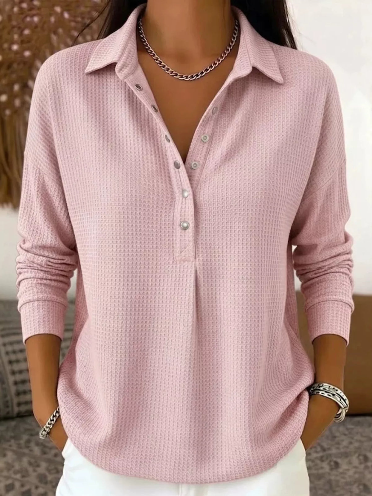 Pink waffle knit snap-front blouse