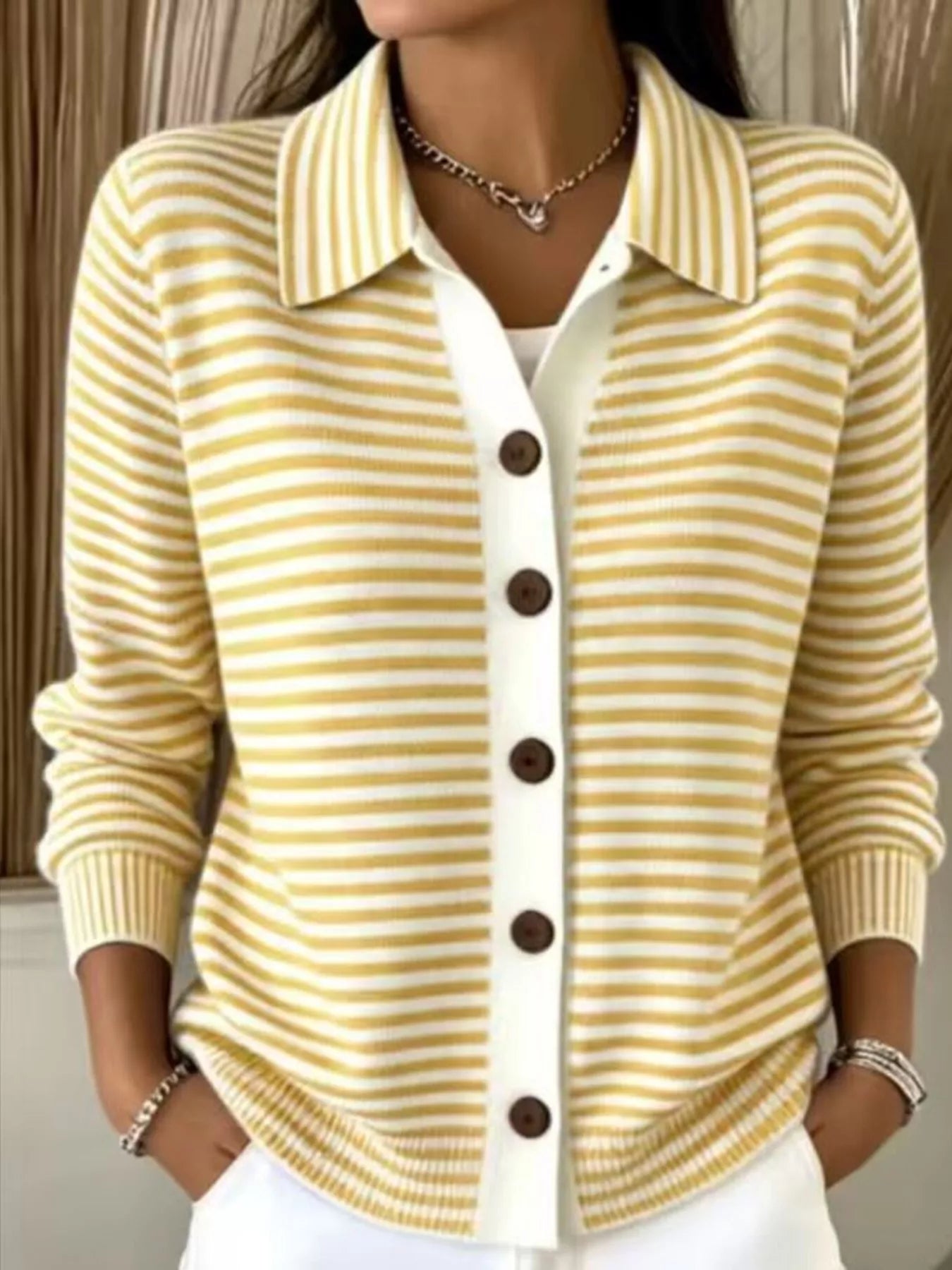 Trendsi Striped Collared Button-Down Knit Cardigan -