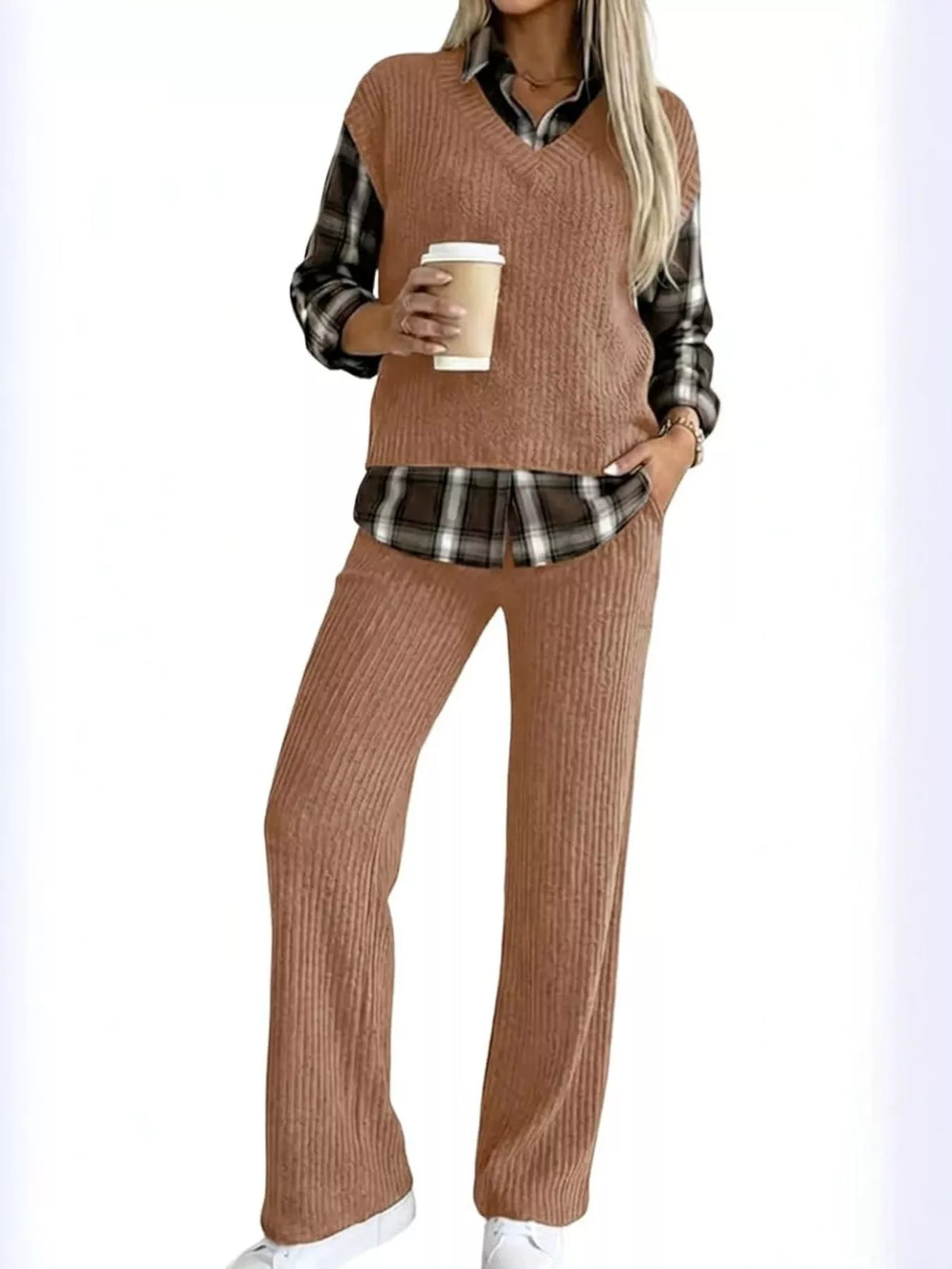 Trendsi Ribbed Knit Plaid Sleeve Top & Pants Set -