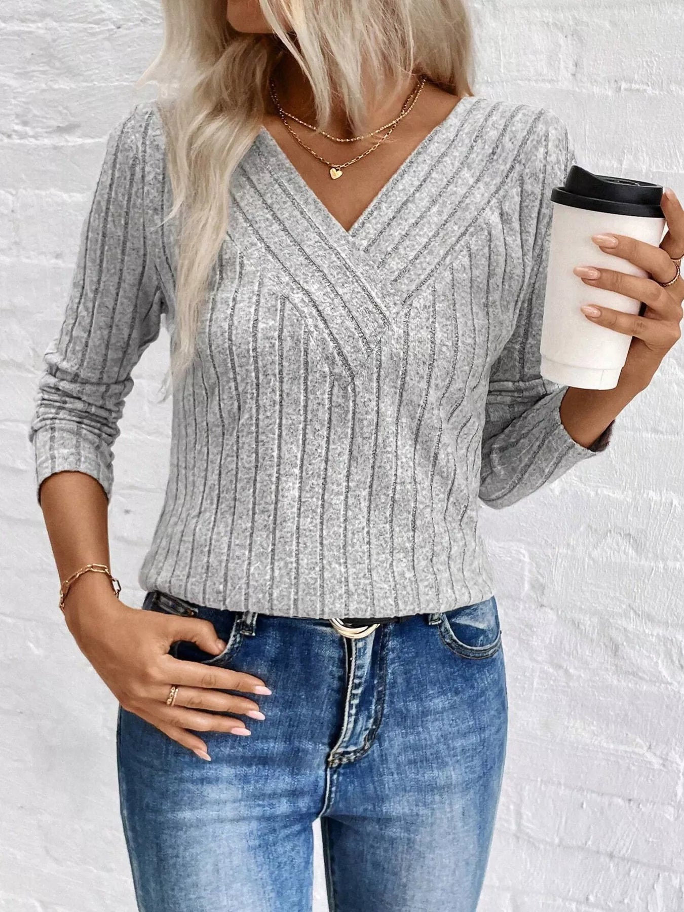 Trendsi Ribbed V-Neck Long Sleeve T-Shirt -