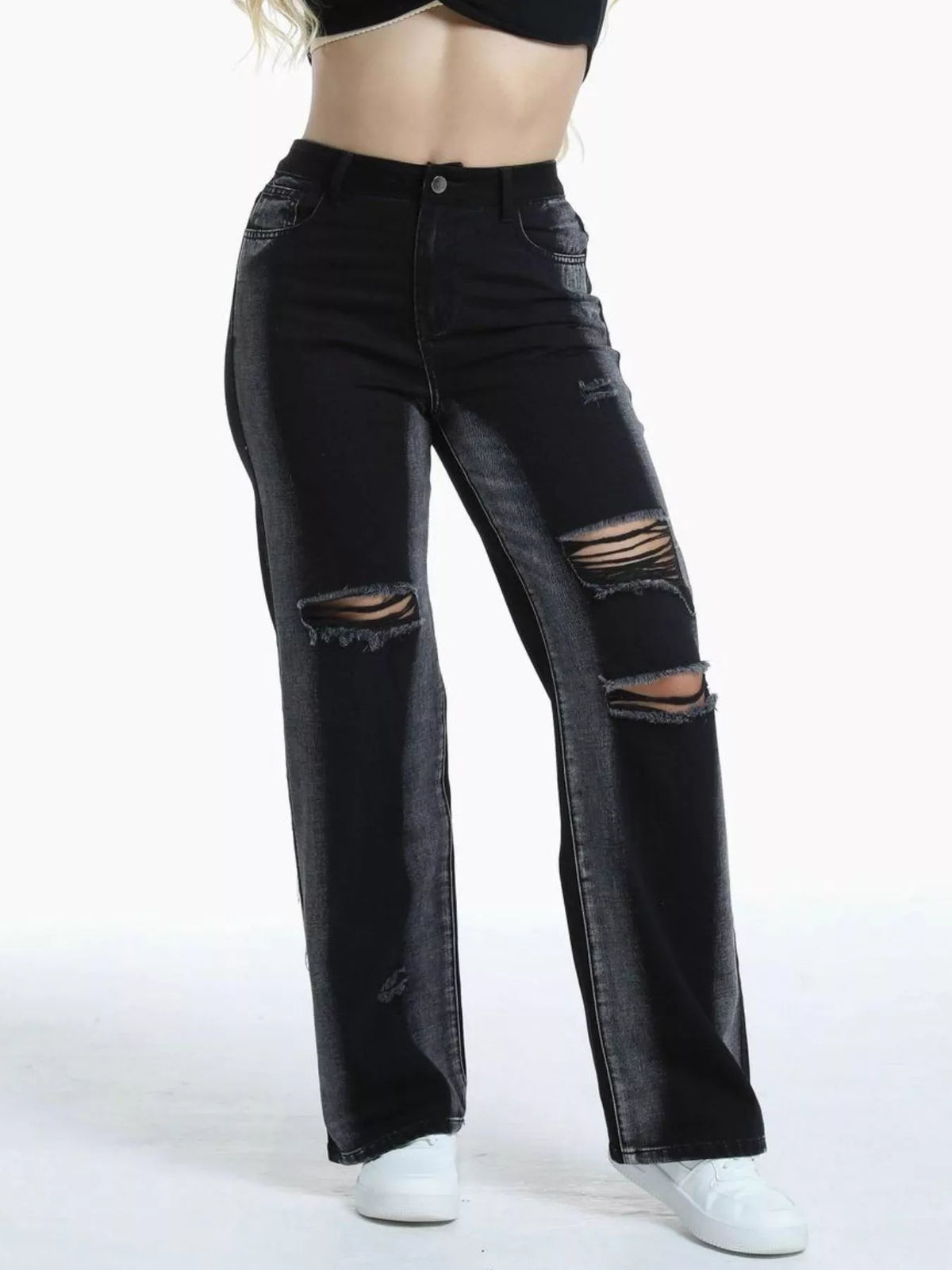 Contrast Panel Ripped Wide-Leg Jeans in black, front view