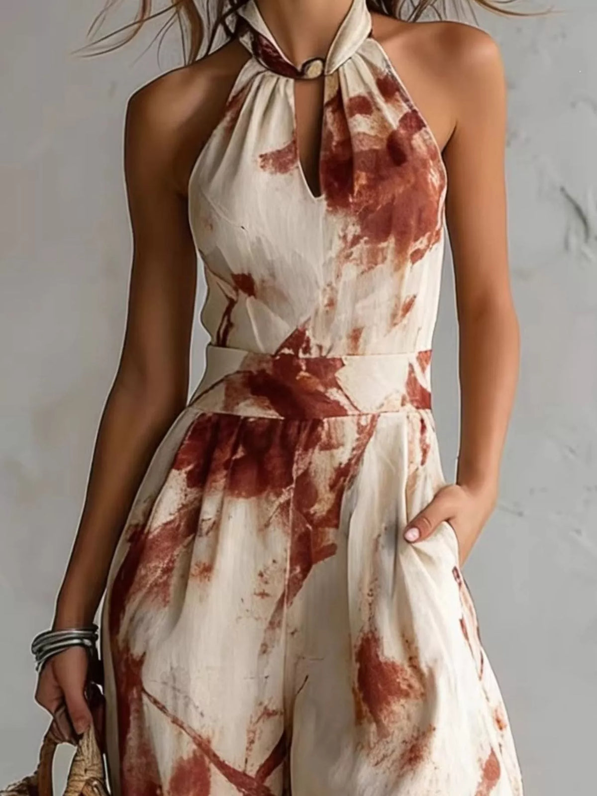 Burnt Coral Ink Wash Print Halter Neck Wide-Leg Jumpsuit detail view