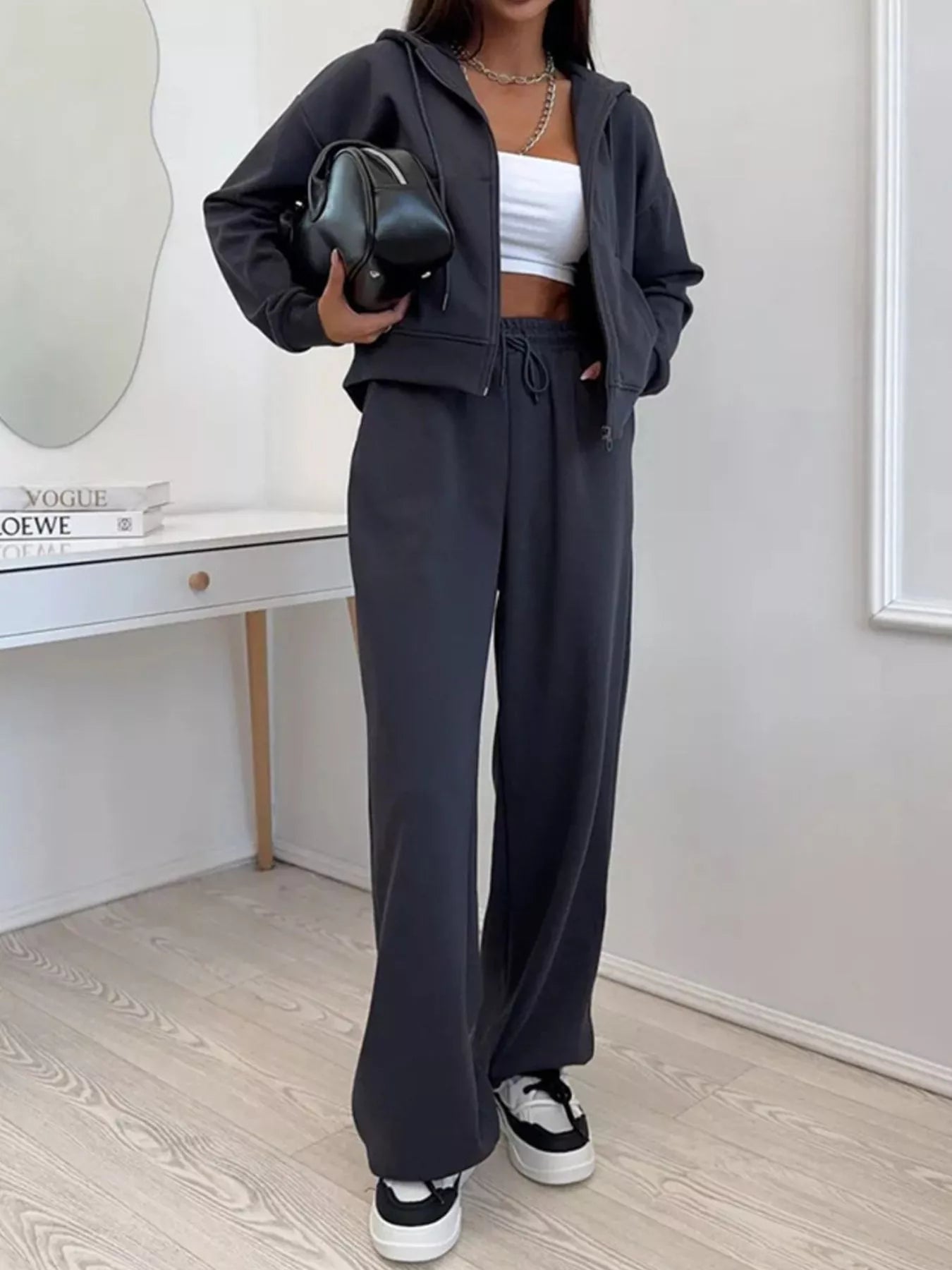 Trendsi Zip-Up Hoodie and Wide-Leg Pants Set -