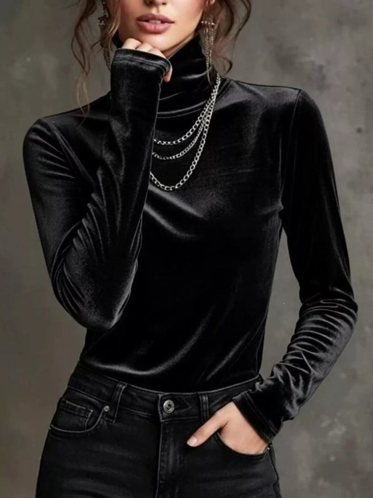 Velvet Turtleneck Long Sleeve T-Shirt in black, front view