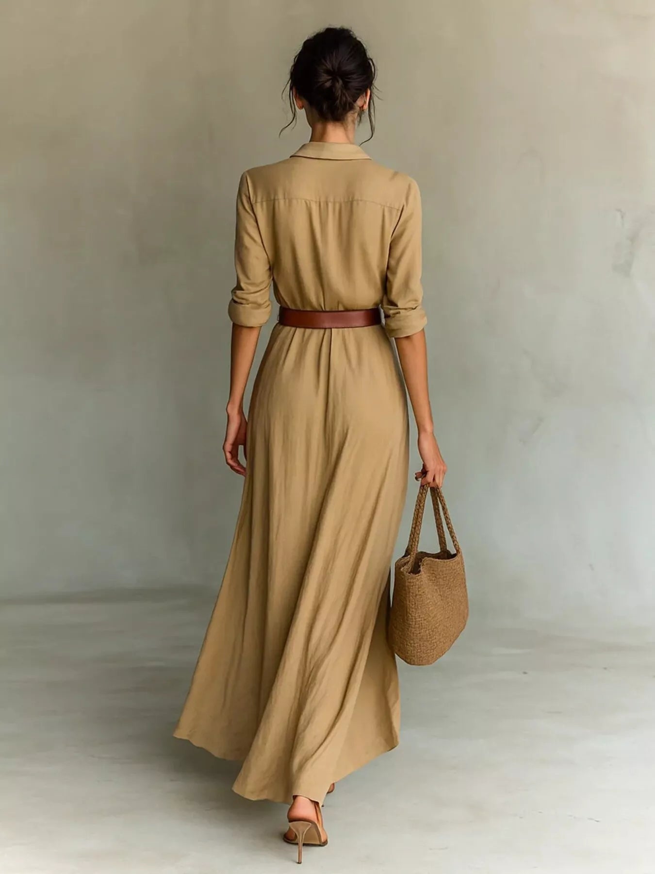 Trendsi Button Front Long-Sleeve Shirt Maxi Dress -