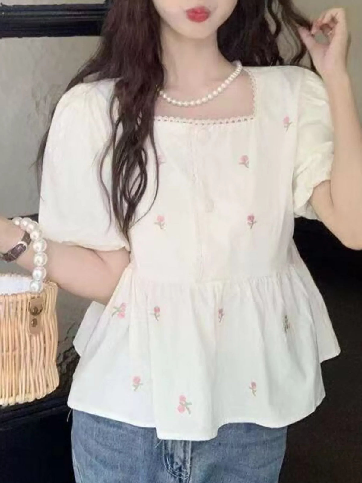 Cream floral embroidered puff sleeve peplum blouse