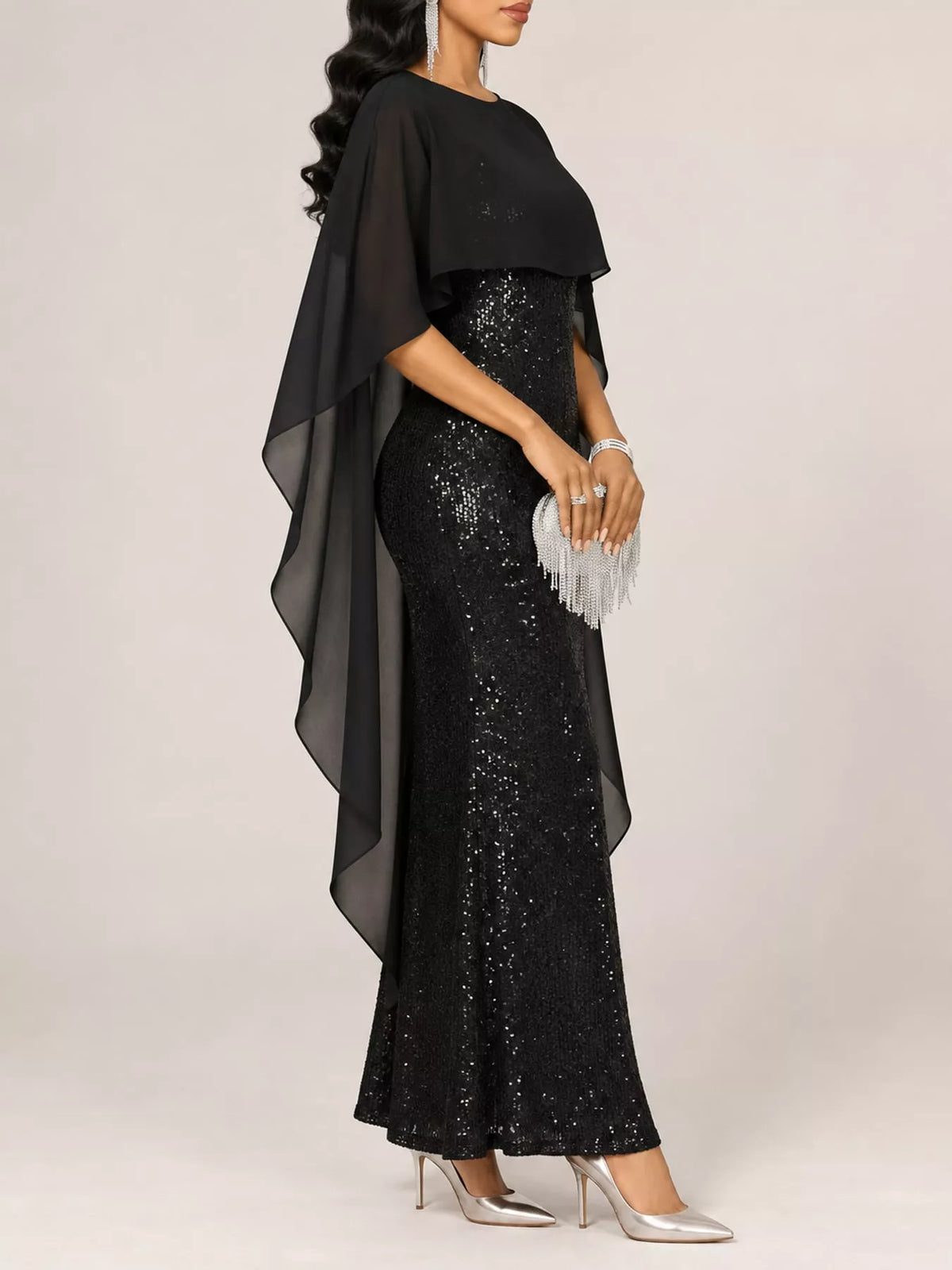 Women's Sequin Cape Overlay Evening Dress in black — side view
