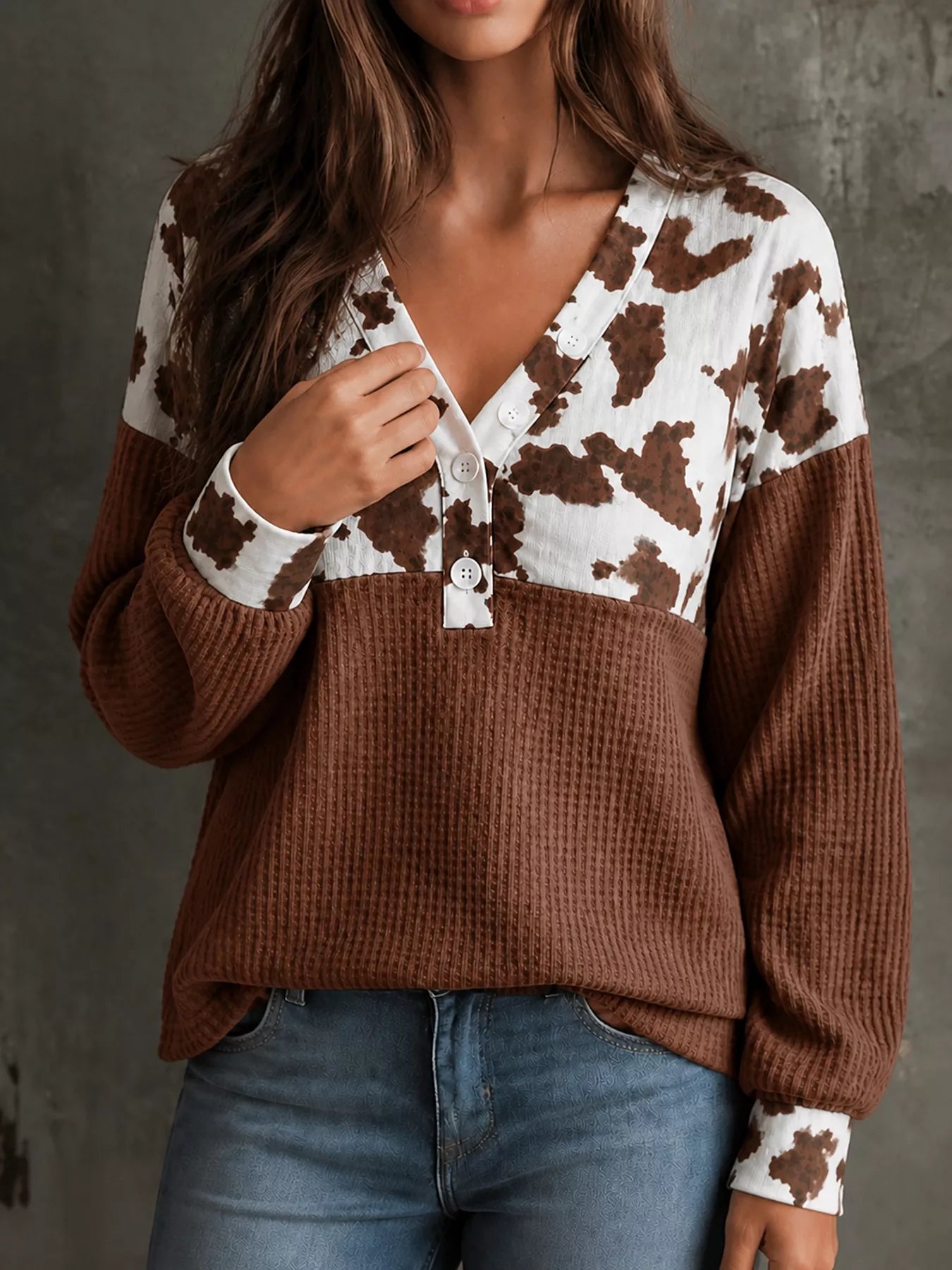 Trendsi Cow Print Color Block Waffle Knit Blouse -