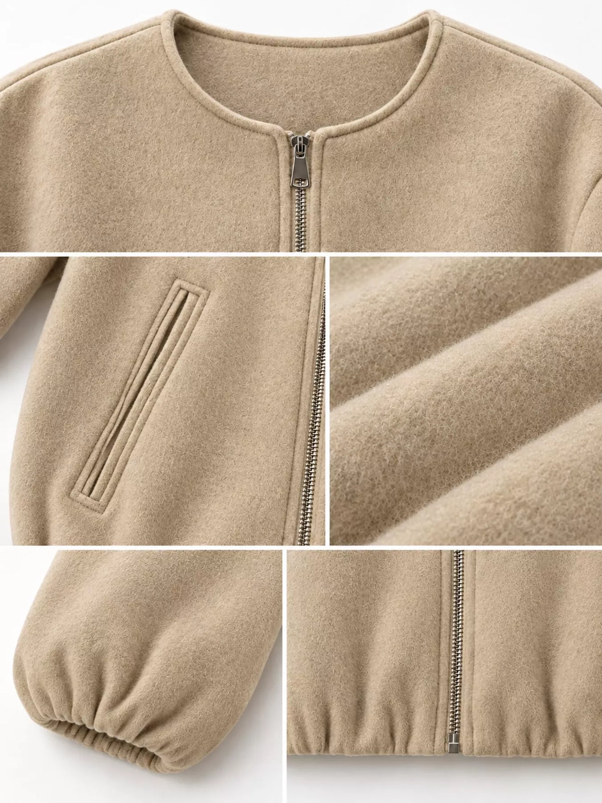 Beige zip-up long sleeve jacket — design and construction details