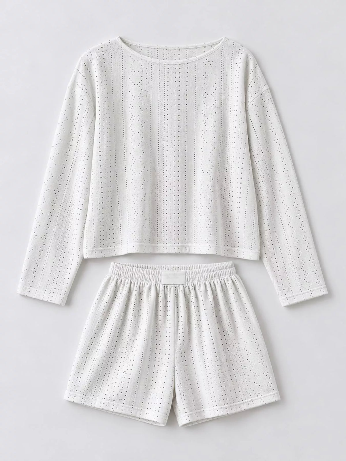 Eyelet Long Sleeve Top and Shorts Lounge Set in white