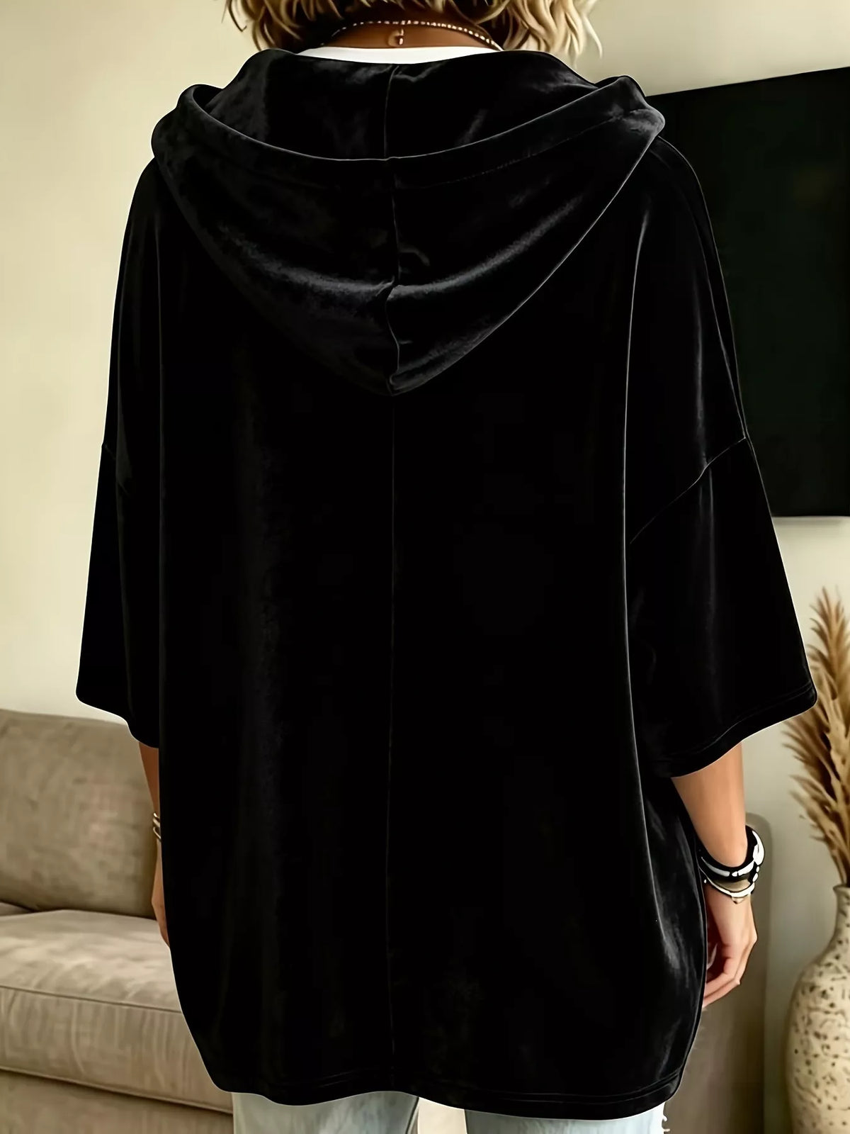 Trendsi Full Size Velvet 3/4 Sleeve Hoodie with Kangaroo Pocket Plus Size -