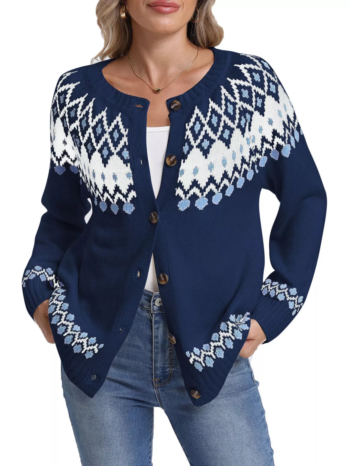 Trendsi Fair Isle Patterned Button-Down Knit Cardigan -
