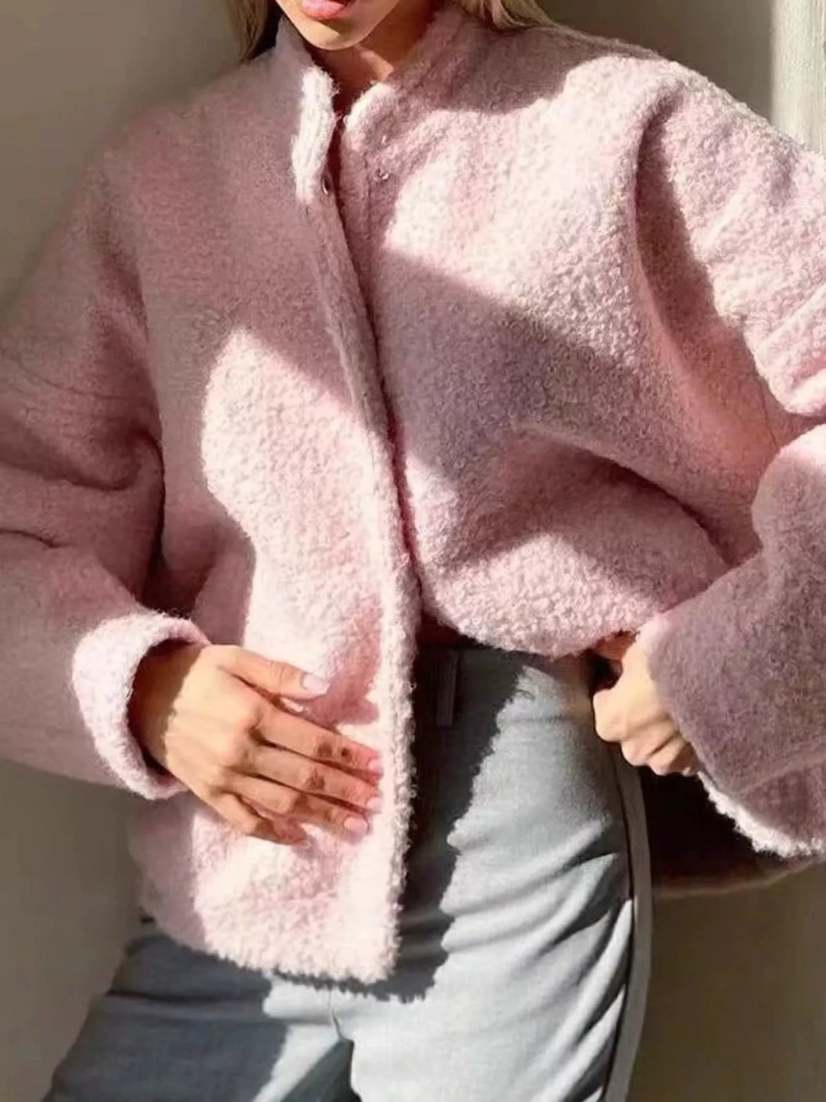 Teddy Fleece Jacket in pink, front view