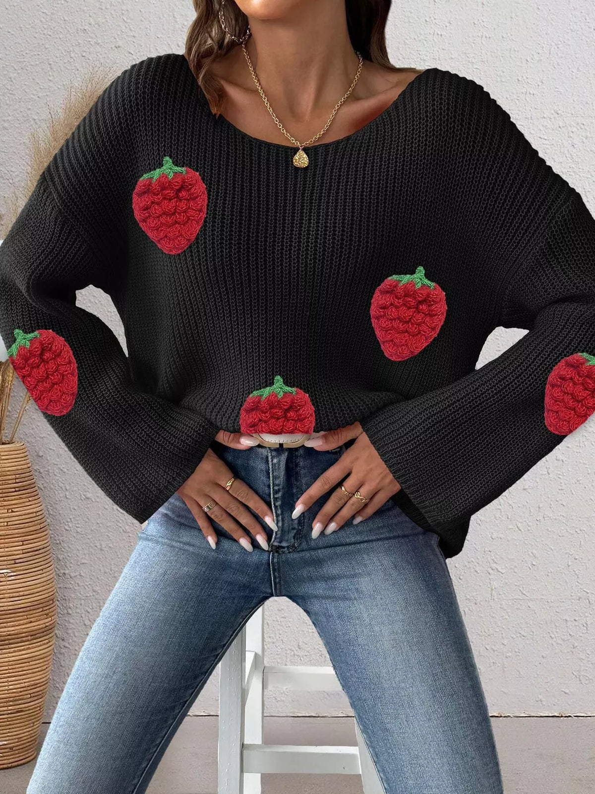Trendsi Strawberry Applique Oversized Sweater -