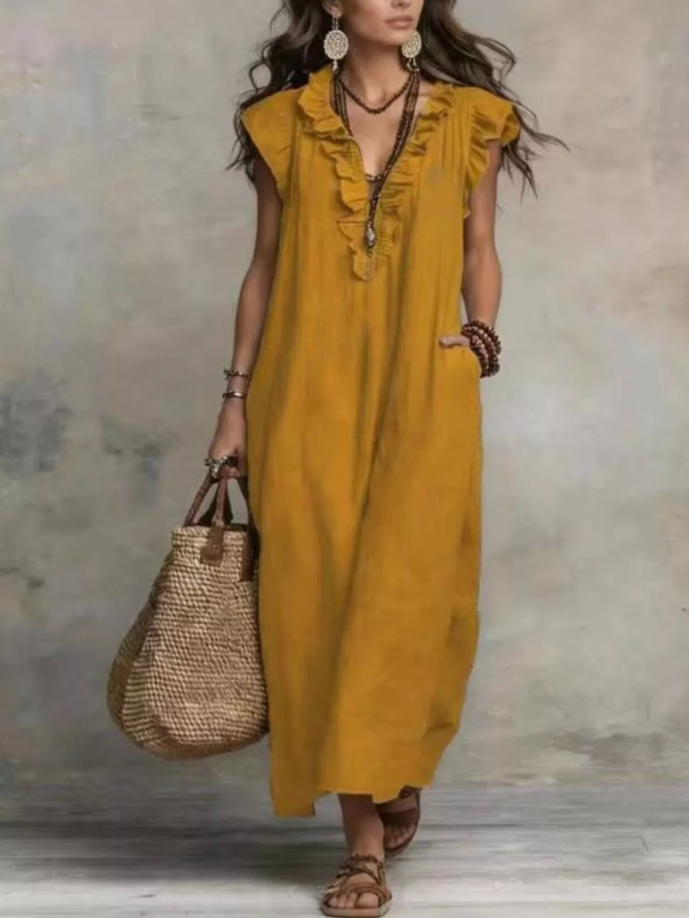 Trendsi Full Size Bohemian Ruffle Neck Maxi Dress Plus Size -