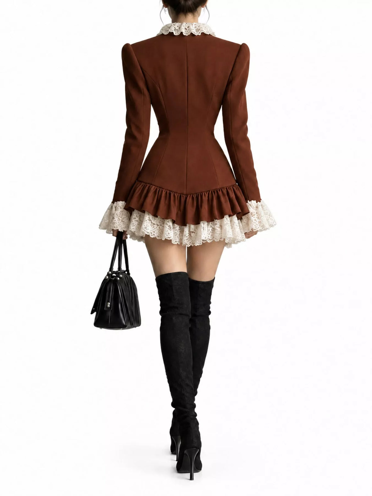 Rust brown lace trim blazer dress, back view