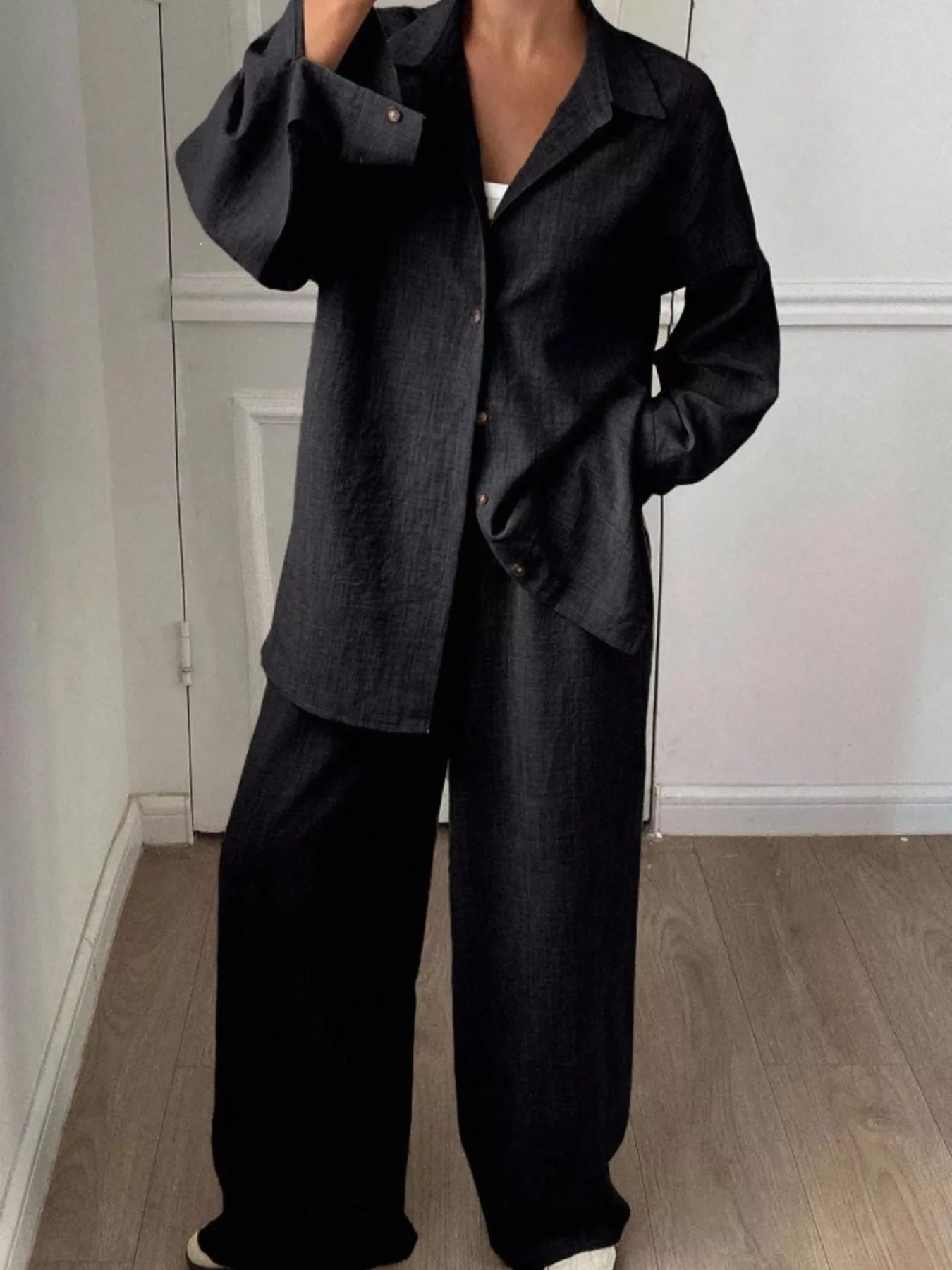 Trendsi Button Up Long Sleeve Shirt and Wide Leg Pants Set -