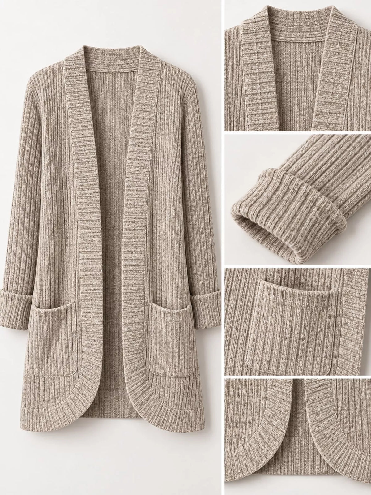 Khaki ribbed open-front longline cardigan