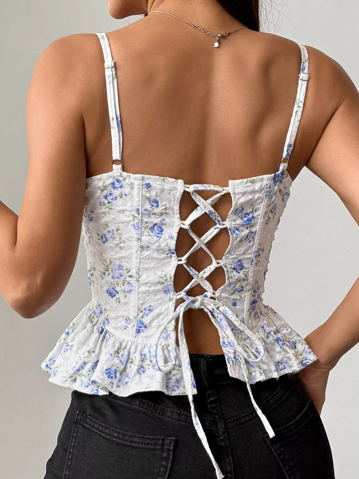 Blue lace up back floral print cami, back view