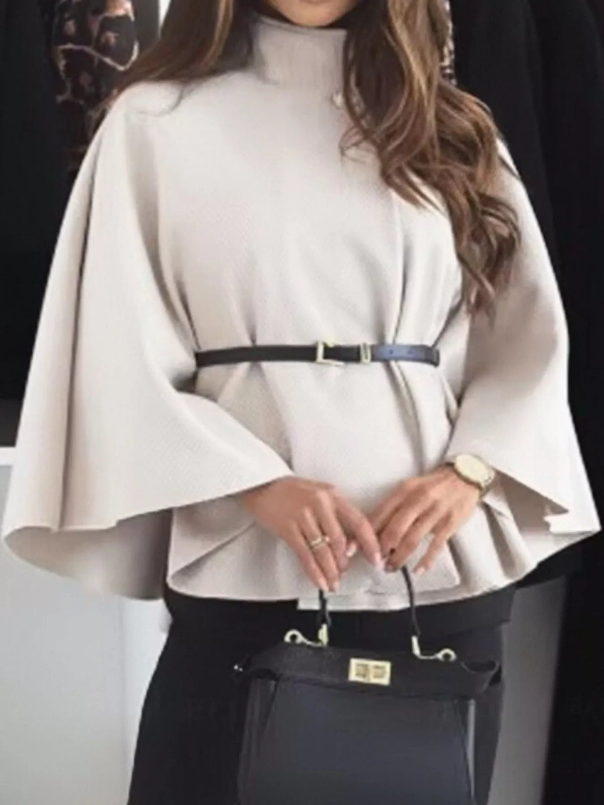 Belted Mock Neck Cape in cream, front view