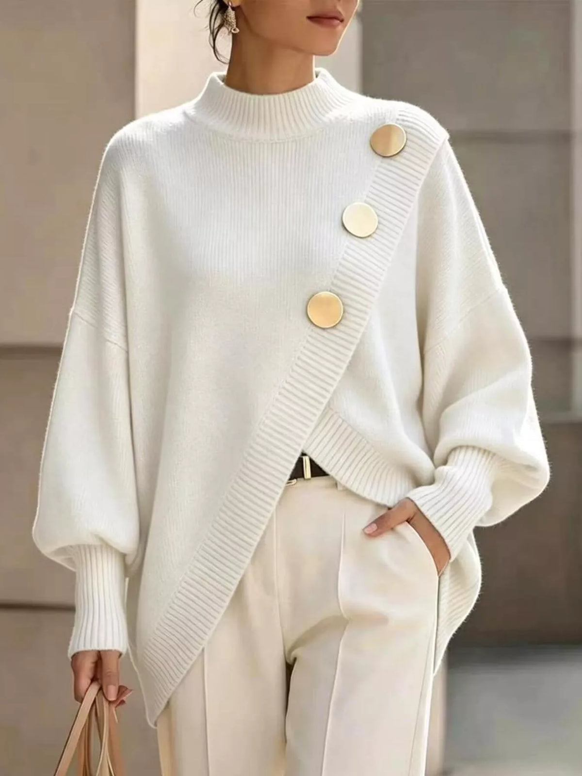 Asymmetric Button-Decorated Sweater — front view