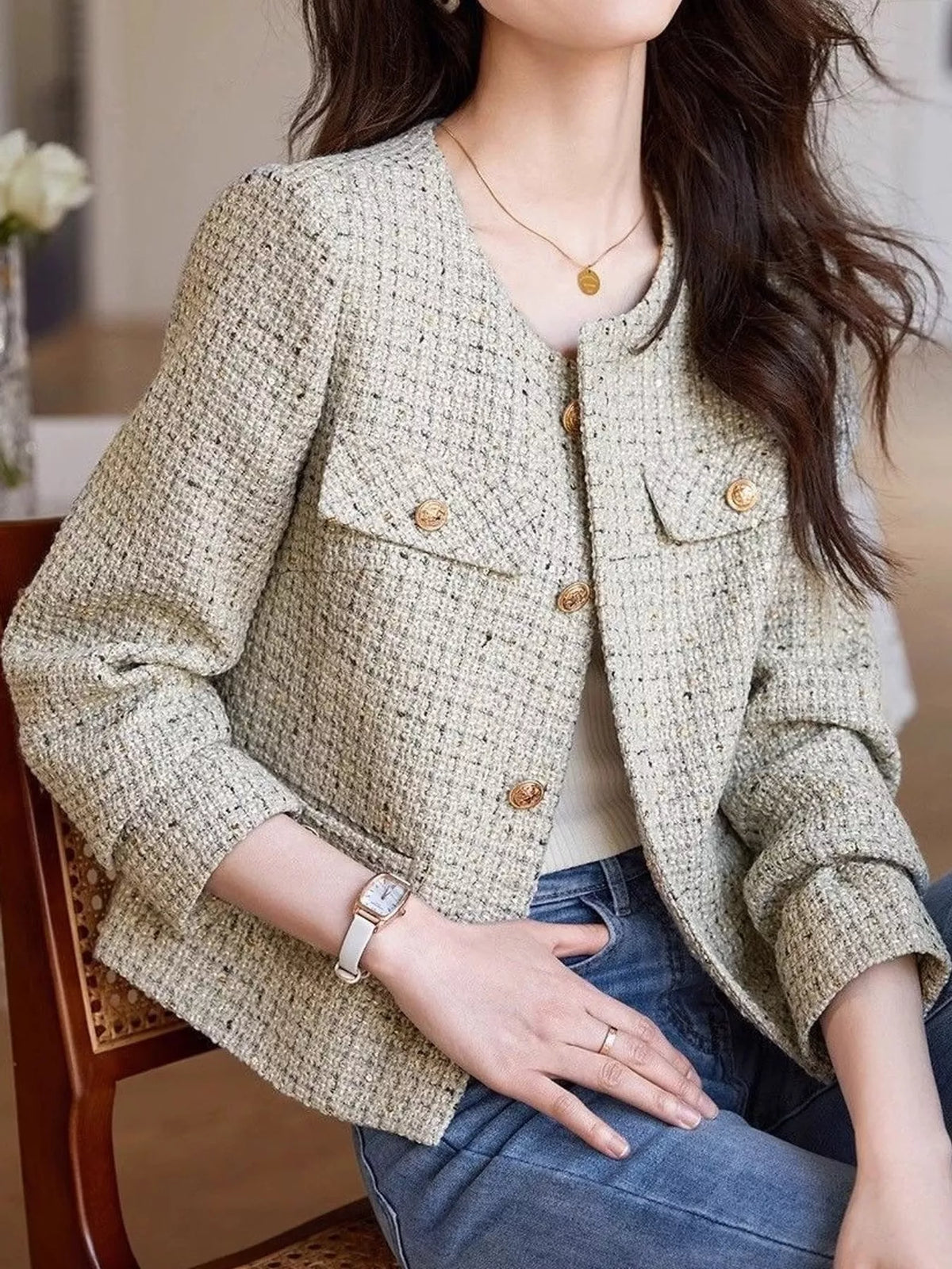 Textured Jacket with Gold-Tone Button Accents in cream