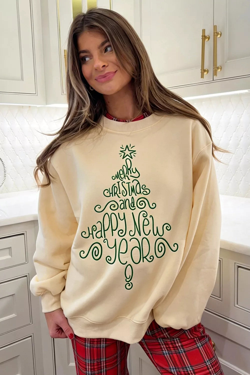 Cream Christmas tree merry christmas and happy new year sweatshirt — front view
