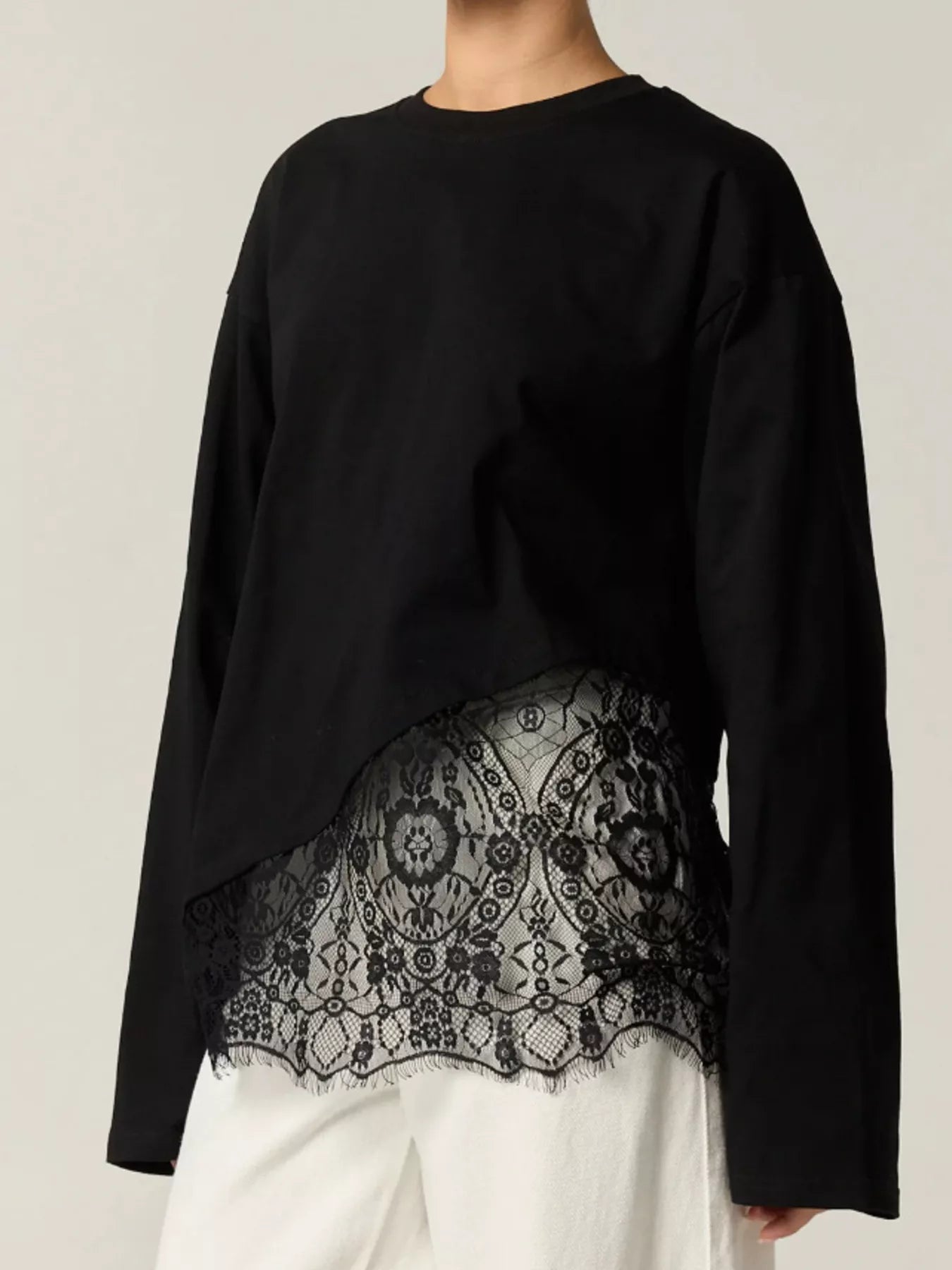 Trendsi Long-Sleeve T-Shirt with Asymmetric Lace Hem -