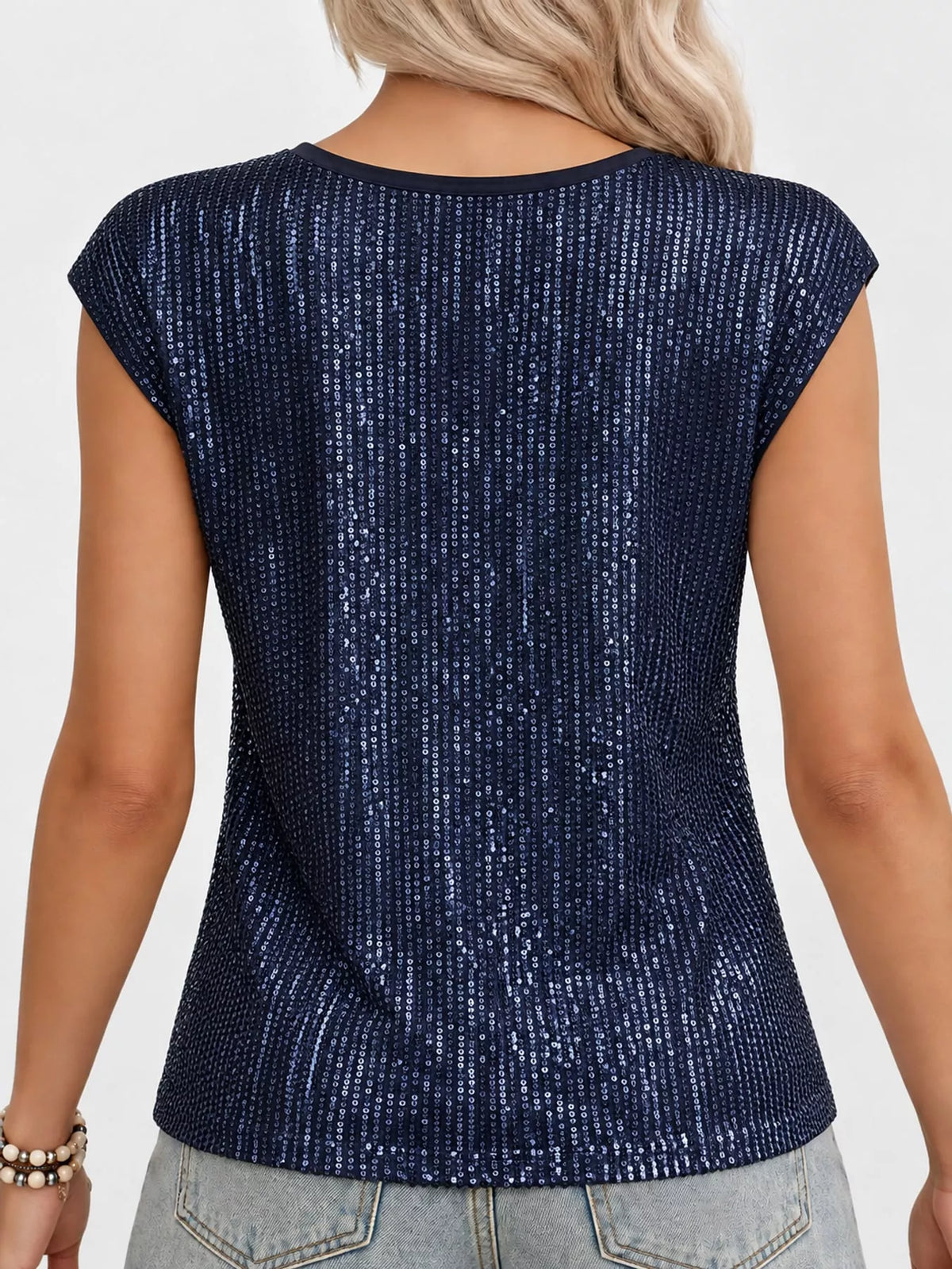Navy sequin round neck tank, back view