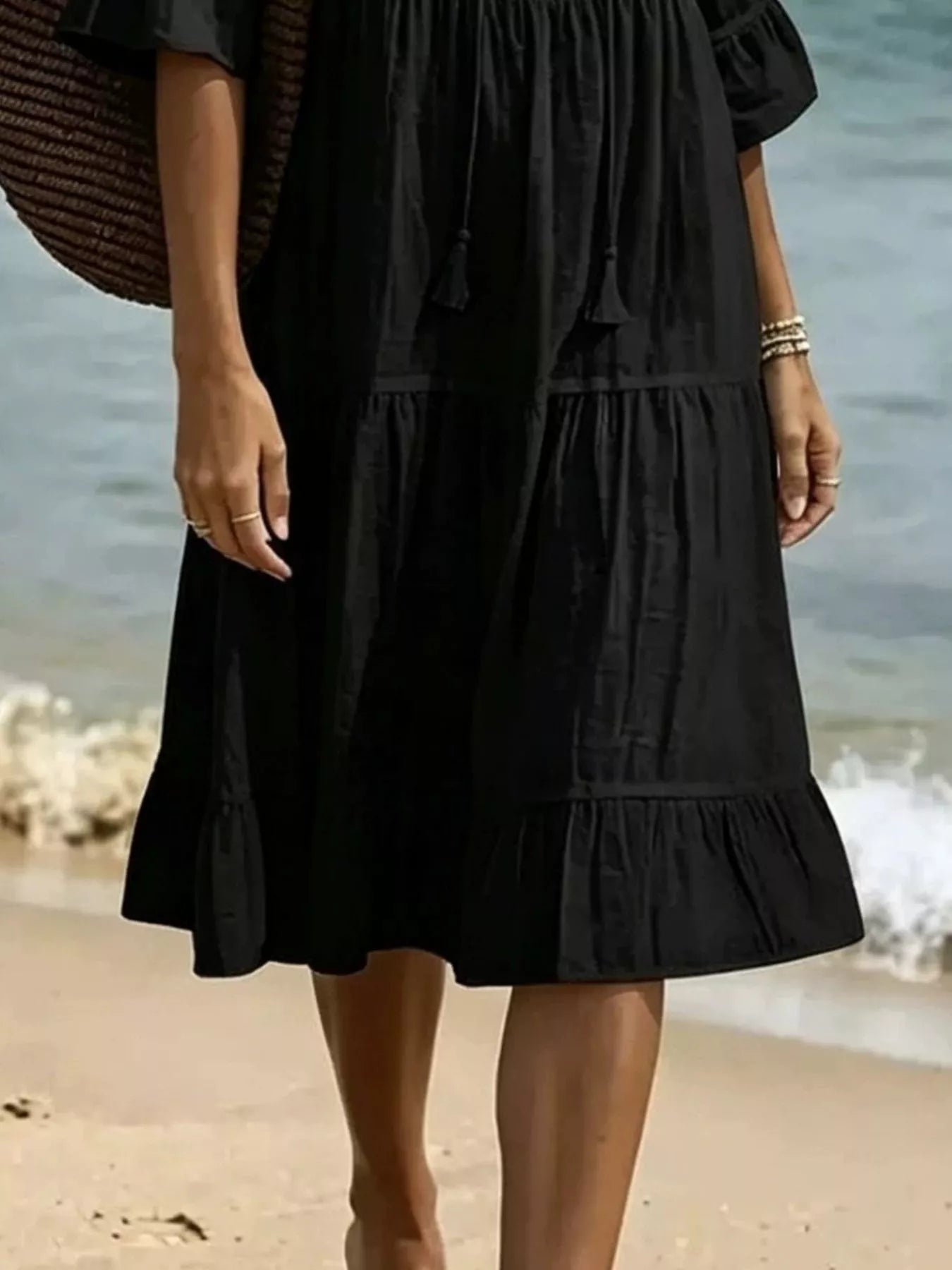 Trendsi Full Size Tiered Tie Neck Flounce Sleeve Dress Plus Size -
