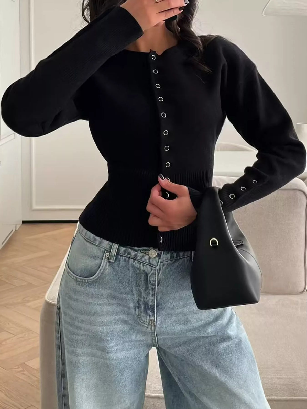 Black button up ribbed waist cardigan