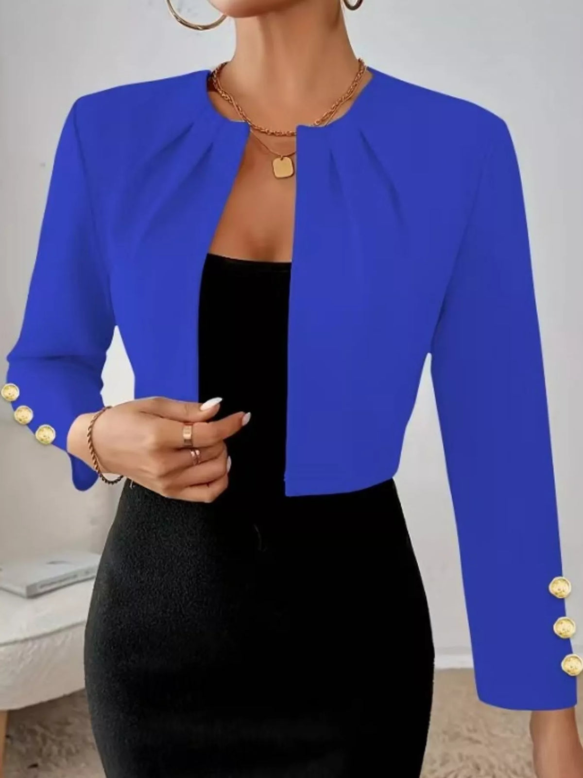 Round neck long sleeve blazer, front view on model