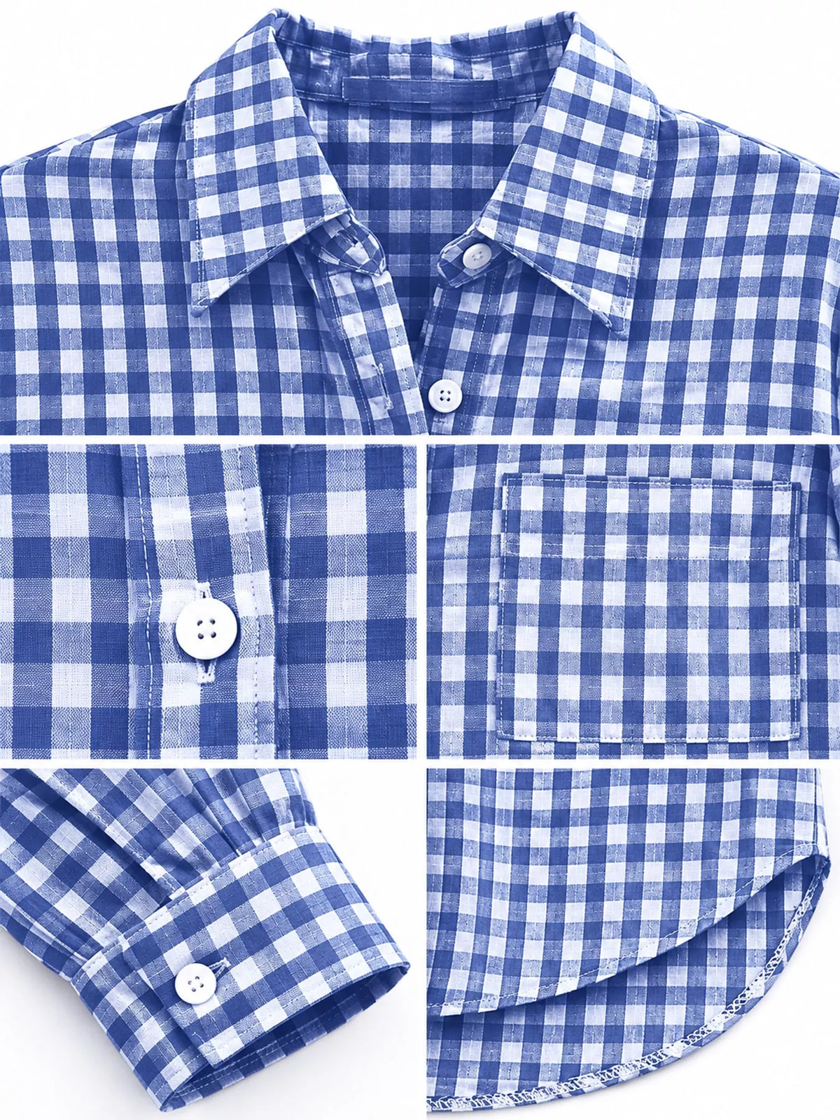 Navy and white plaid button-down shirt, collar, buttons, chest pocket, cuff, and curved hem close-ups