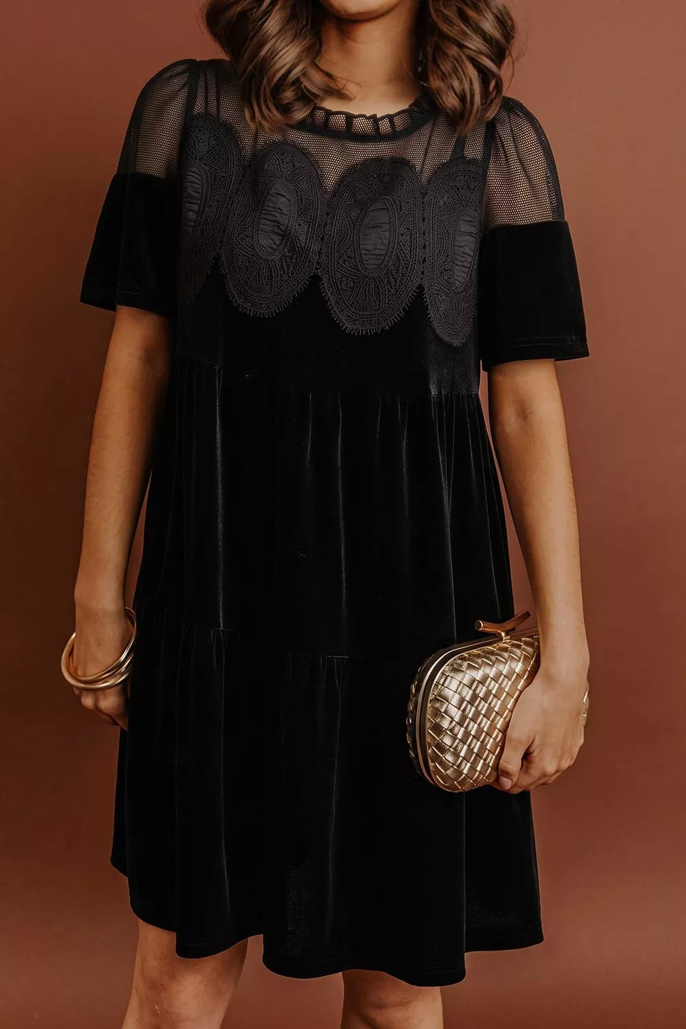 Trendsi Embroidered Velvet Short Sleeve Mini Shift Dress -