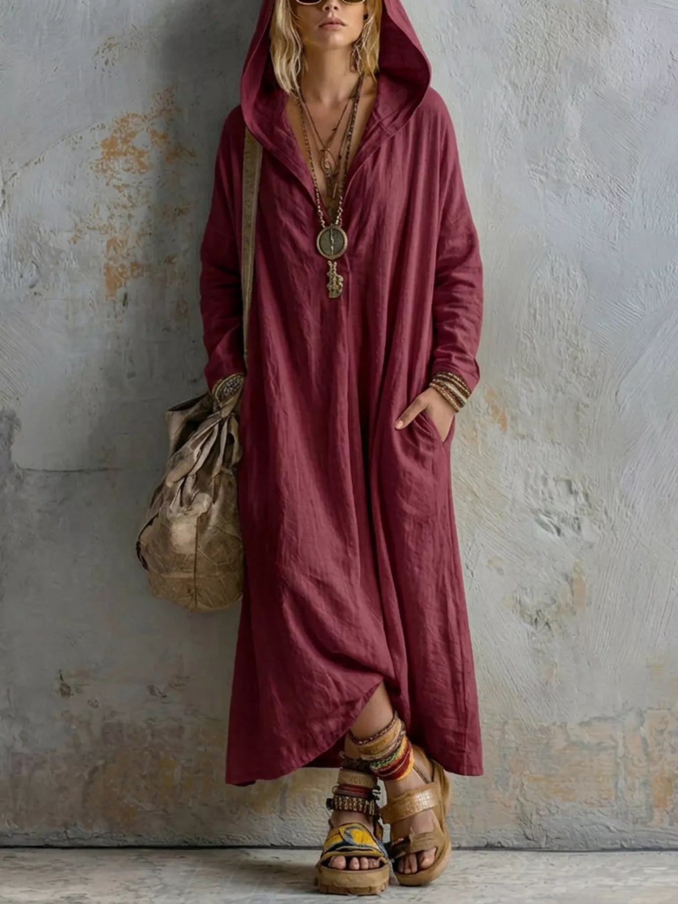 Trendsi Long Sleeve Hooded Midi Dress with Pockets -