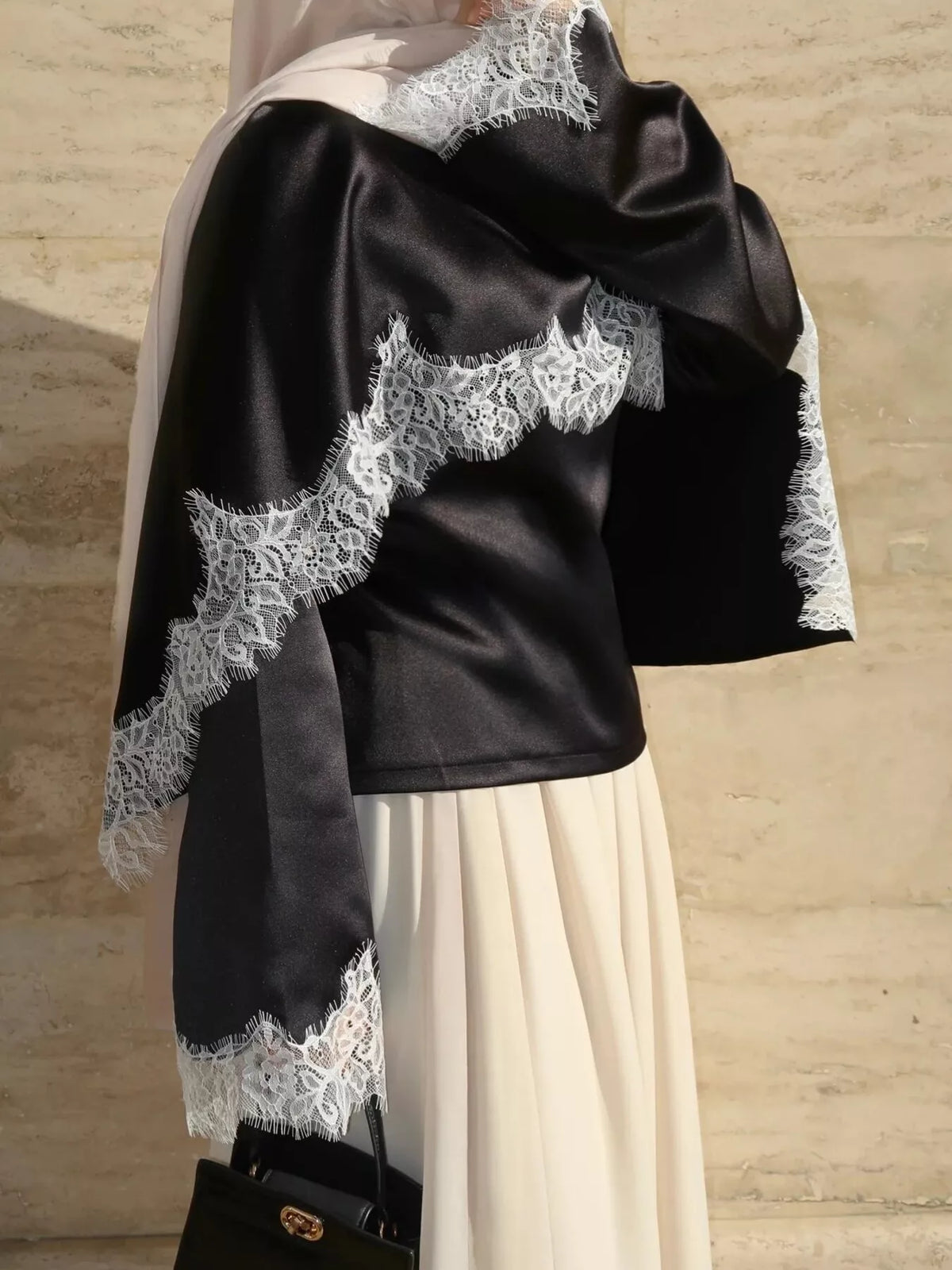Round neck long sleeve blouse, front view on model