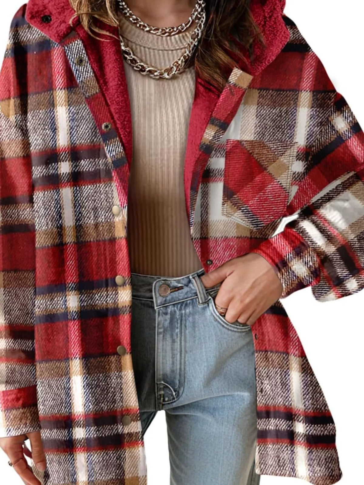 Red plaid hooded button up jacket