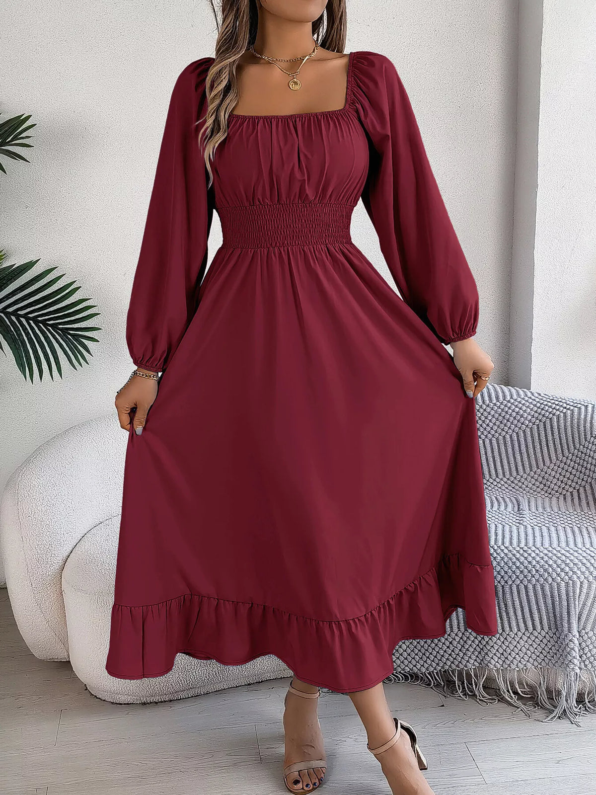 Khaki Color square neck smocked waist long sleeve midi dress