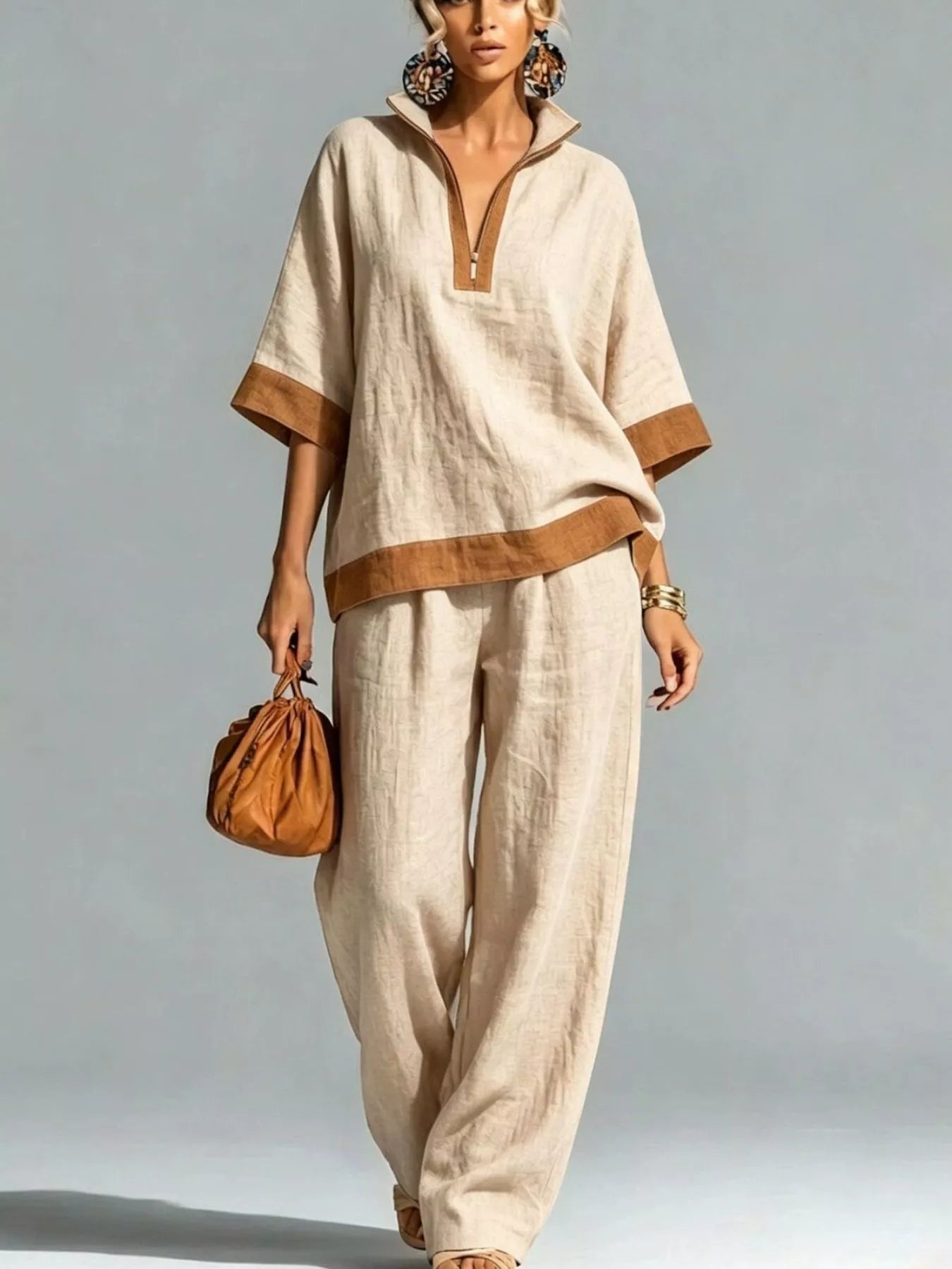 Trendsi Full Size Contrast Trim Top and Wide Leg Pants Set Plus Size -