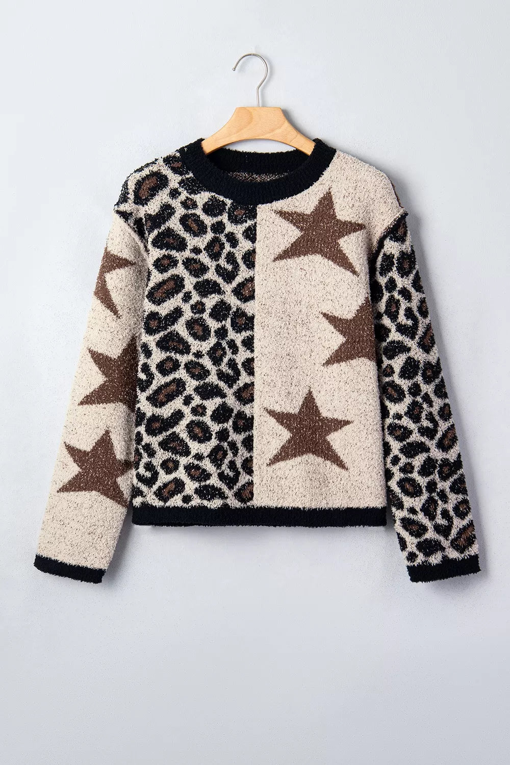Trendsi Leopard Star Pattern Round Neck Long Sleeve Shift Sweater -